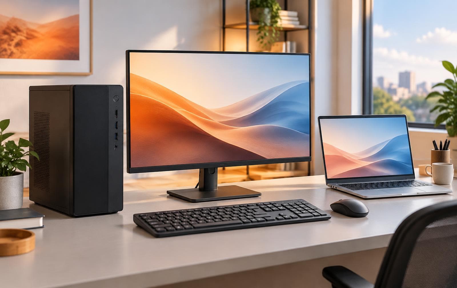 Computer workstation with desktop, monitor and laptop